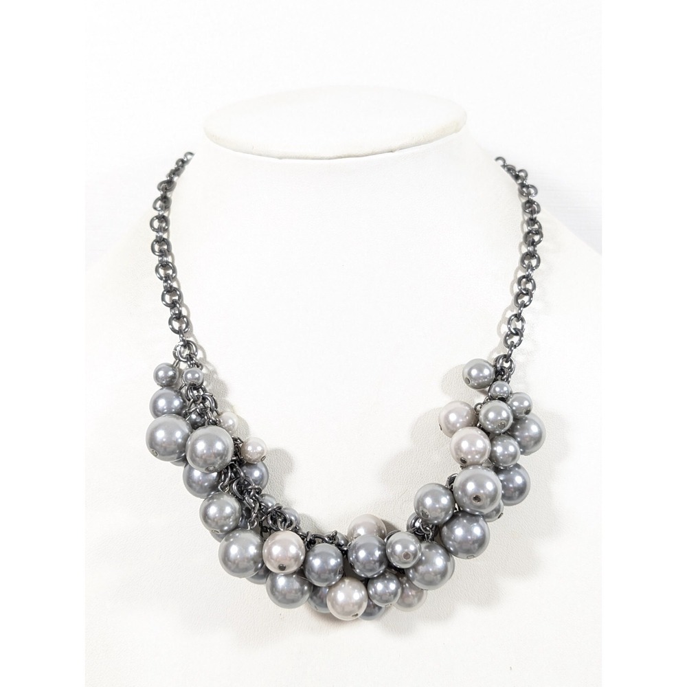 Gray Faux Pearl Cluster Statement Necklace Whimsigoth Coastal Grandma‎ 19 in